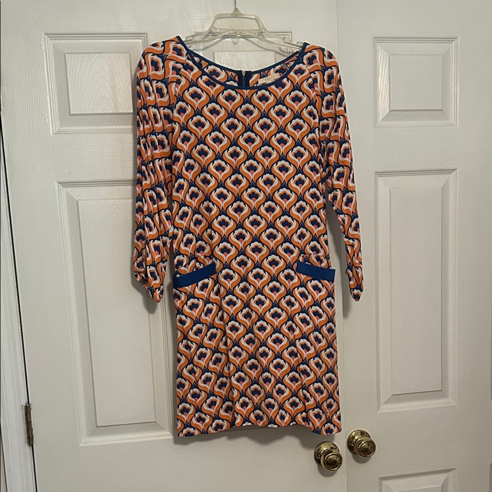 Tulle Orange and Navy Geometric Long-Sleeve Shift Dress